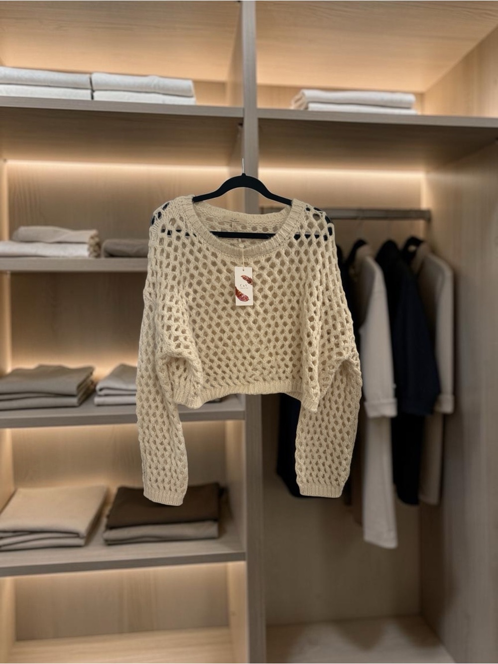 Chelsea & Violet Open-Knit Cropped Sweater in Cream